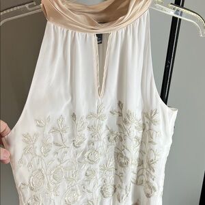 Sleeveless White Halter Blouse with Champagne Draped Neckline